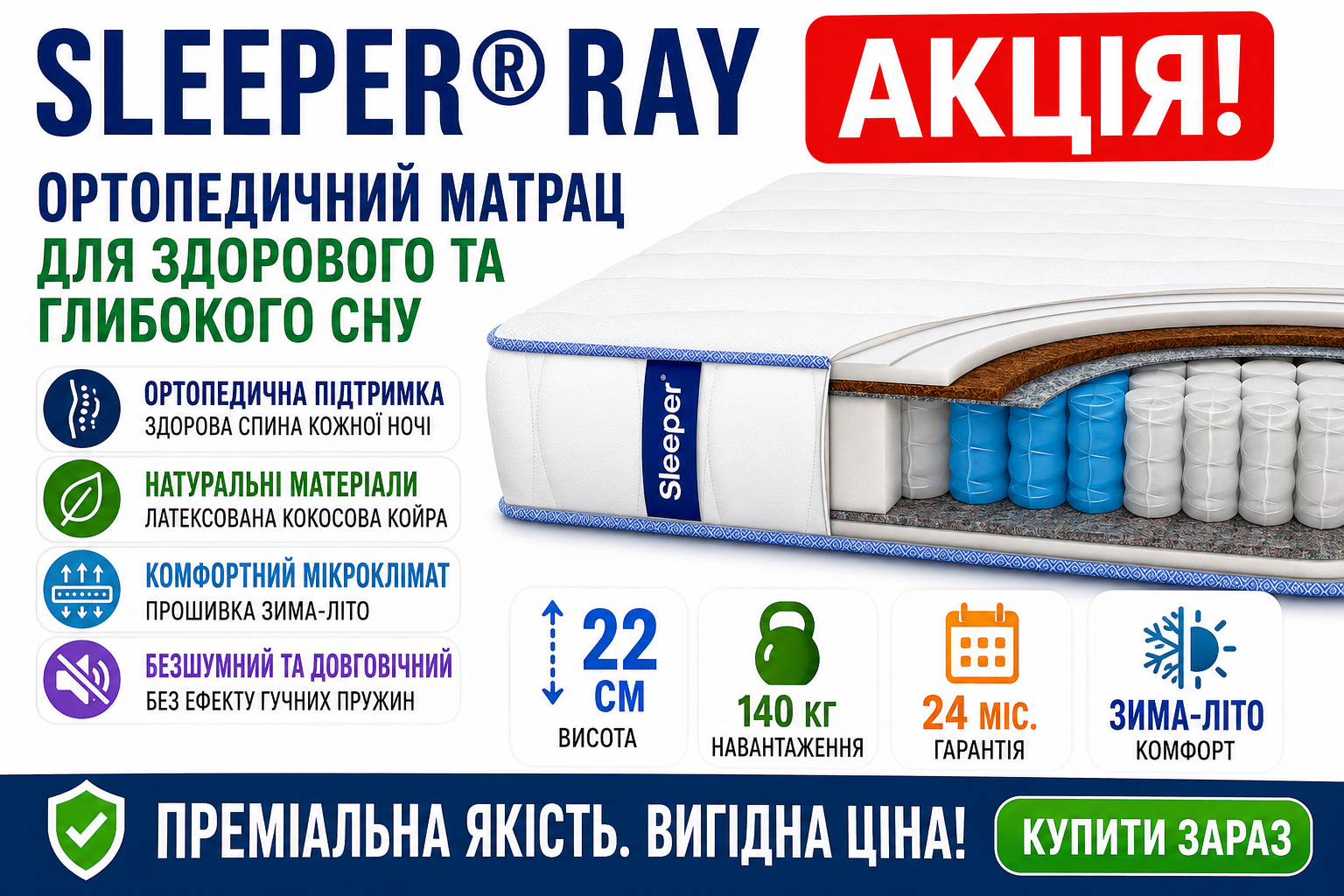 Купить матрас Sleeper&reg; RAY в Украине: честная цена, официальная гарантия и комфортный сон ◆ Матрас Sleeper&reg; RAY &mdash; удачное сочетание современных технологий, надежной поддержки и долговечности. Независимый пружинный блок равномерно распределяет нагрузку, помогая позвоночнику сохранять правильное положение во время сна. Натуральные материалы обеспечивают комфорт в любое время года, а прочный чехол сохраняет привлекательный внешний вид надолго. Купите матрас по выгодной цене с официальной гарантией производителя и быстрой доставкой по Украине, чтобы ежедневно наслаждаться качественным, здоровым и спокойным отдыхом.